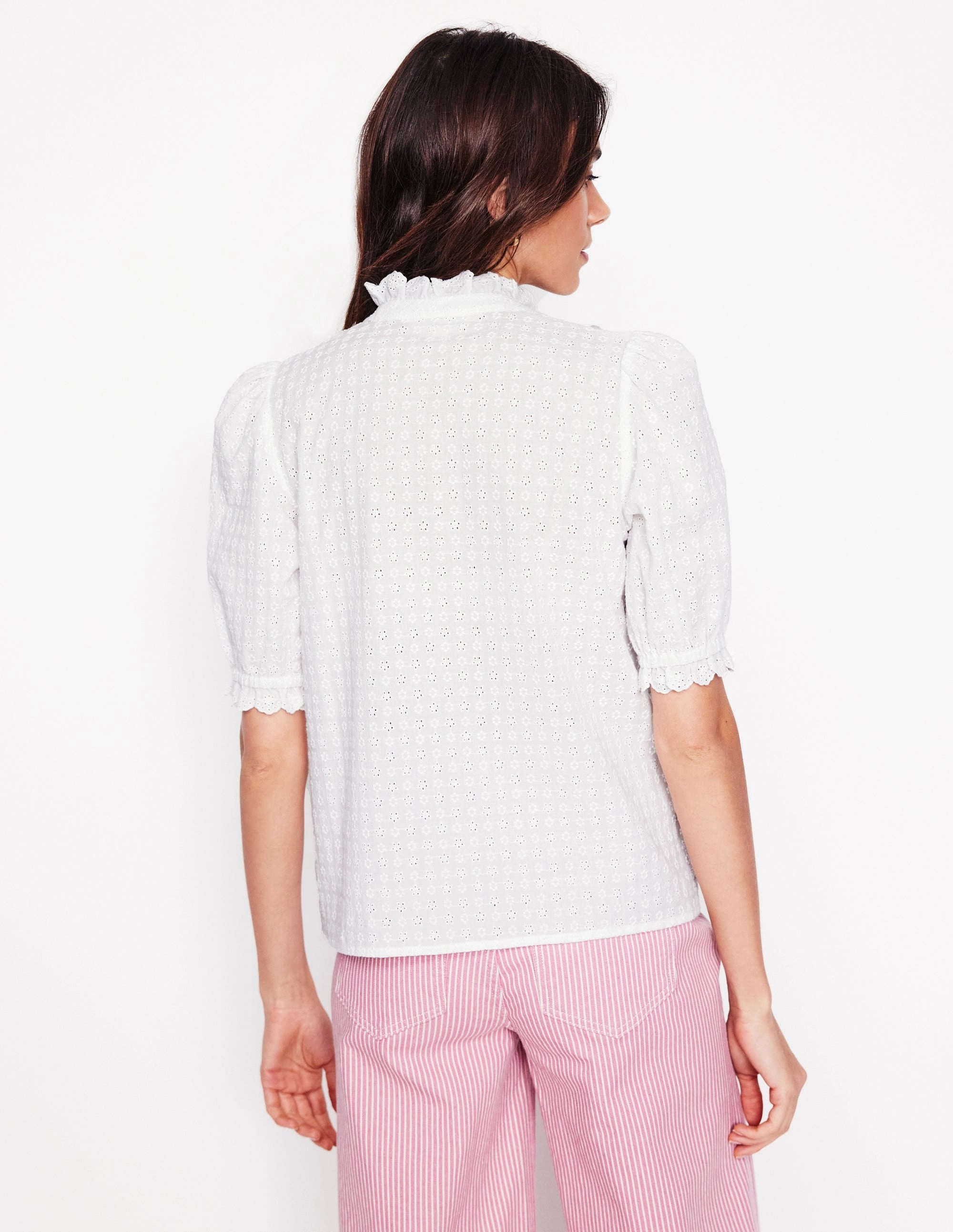 Feminine Cotton Blouse-White Rolled Hem Finish