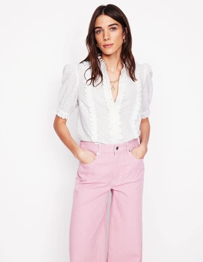 Feminine Cotton Blouse-White AdjustableHemCuffs HighStretchElastic