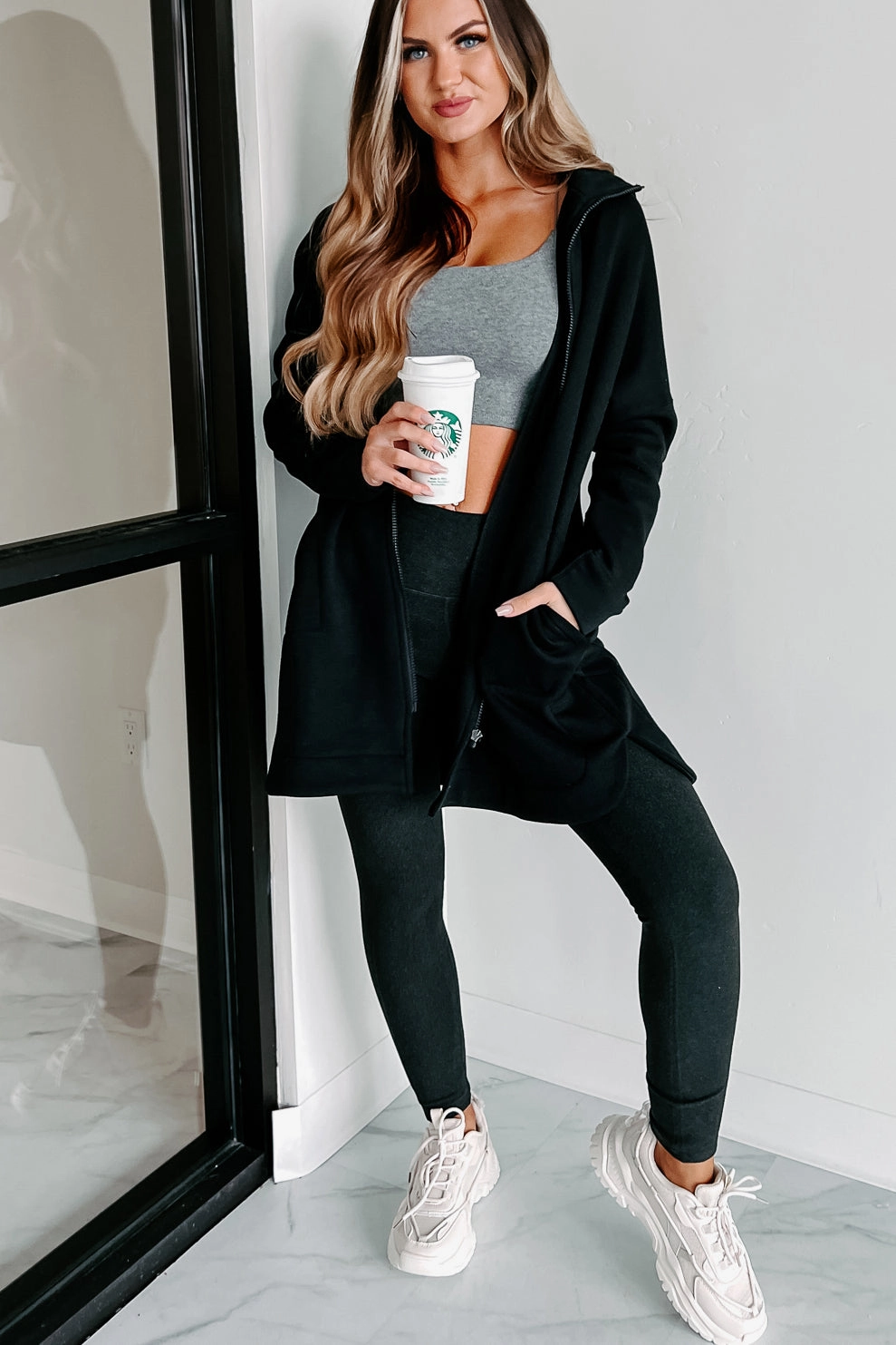 Finding My Stride Longline Zip-Up Jacket (Black) Sporty Sweatshirt