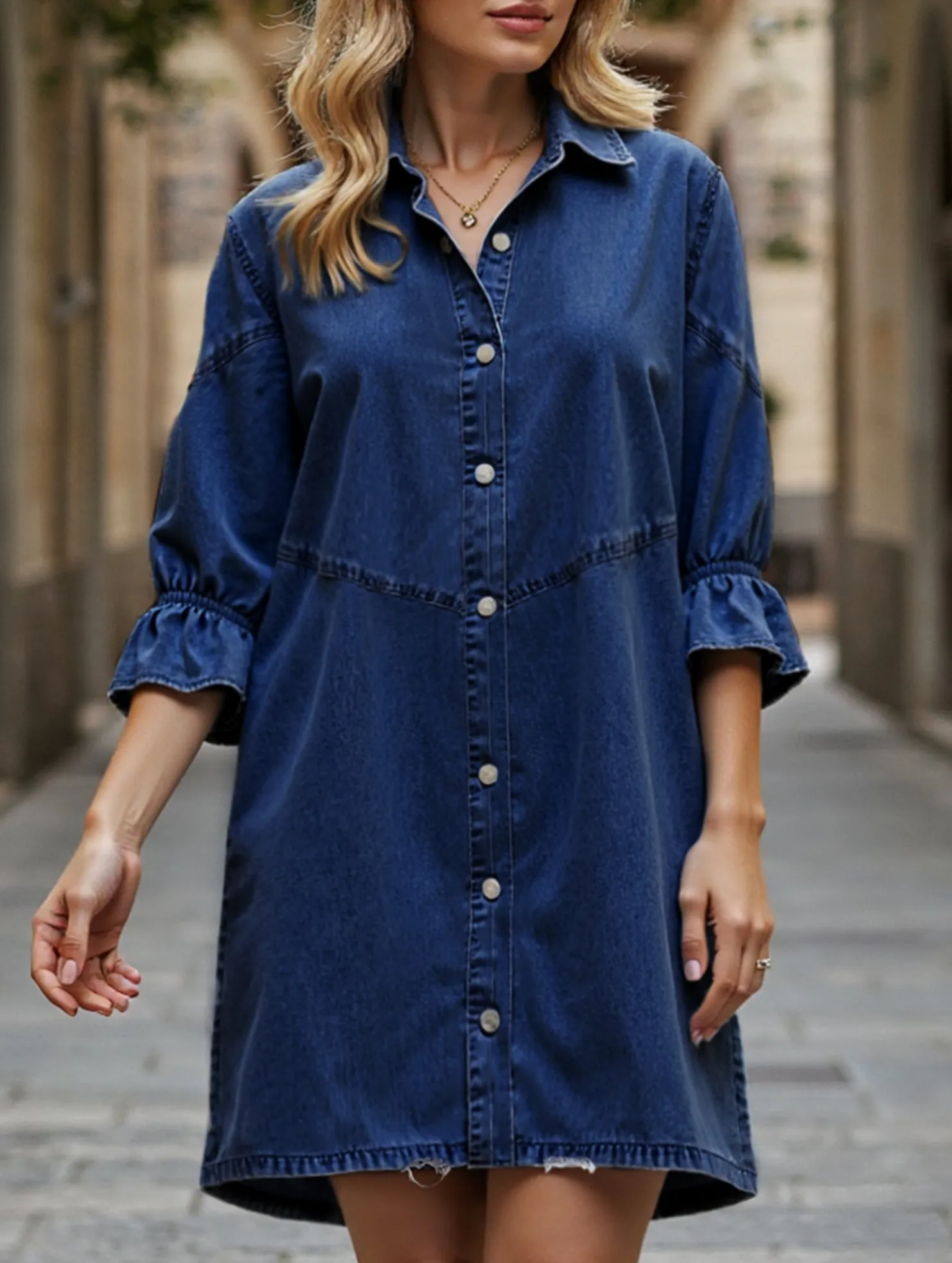 Soft Air Garden-Party Single-row multi-button denim dress