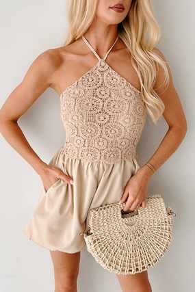 Flattering Wearable Clean Grace Flirty Beginnings Crochet Halter Romper (Natural)