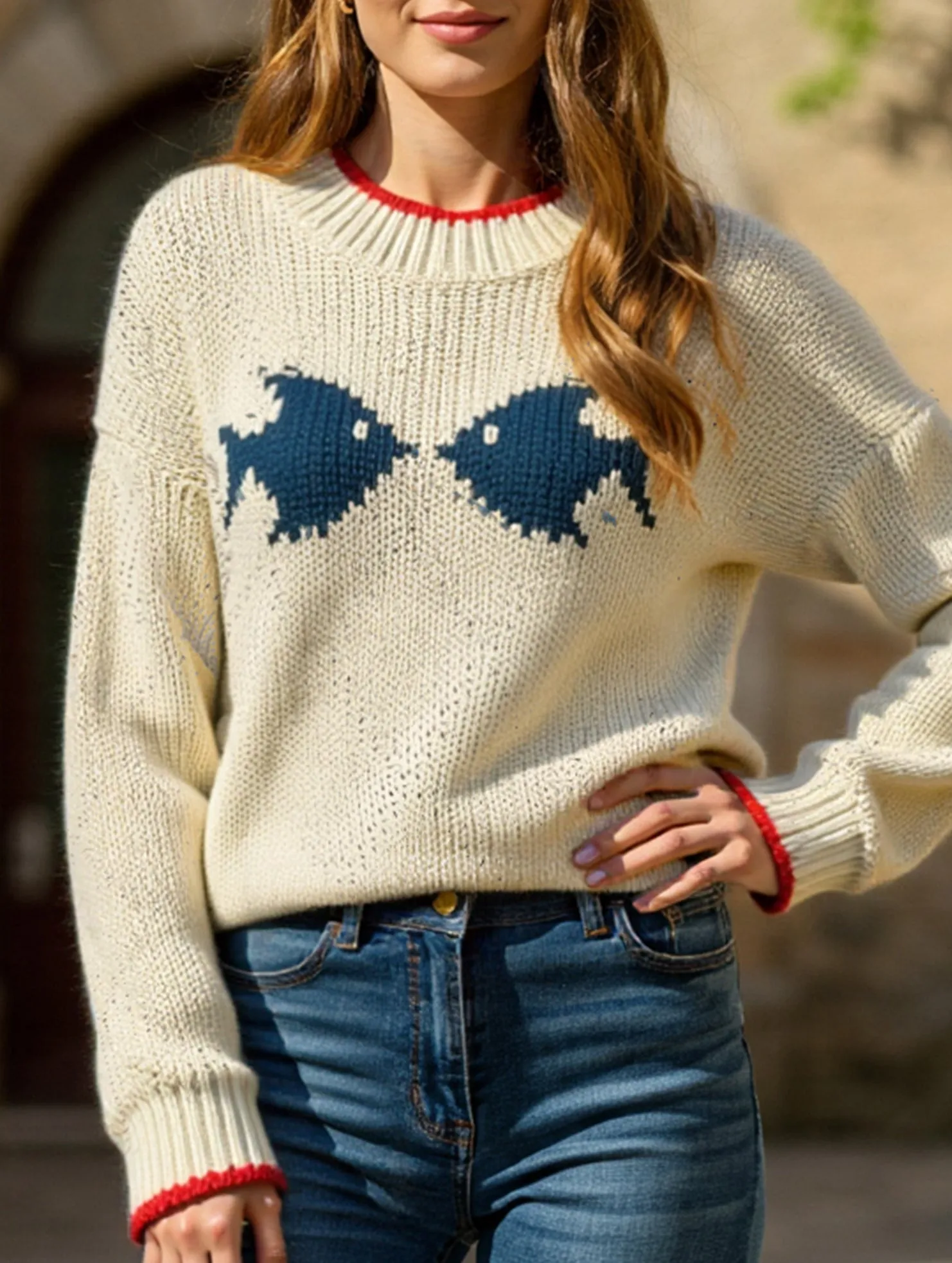 Relaxed Fit Fish pattern crew neck pullover knitted sweater