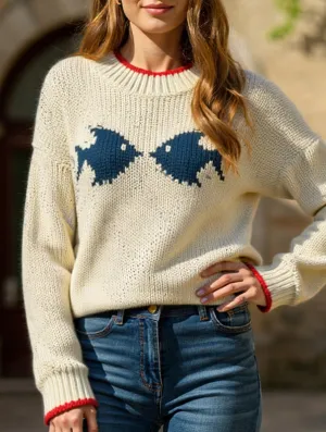 Relaxed Fit Fish pattern crew neck pullover knitted sweater