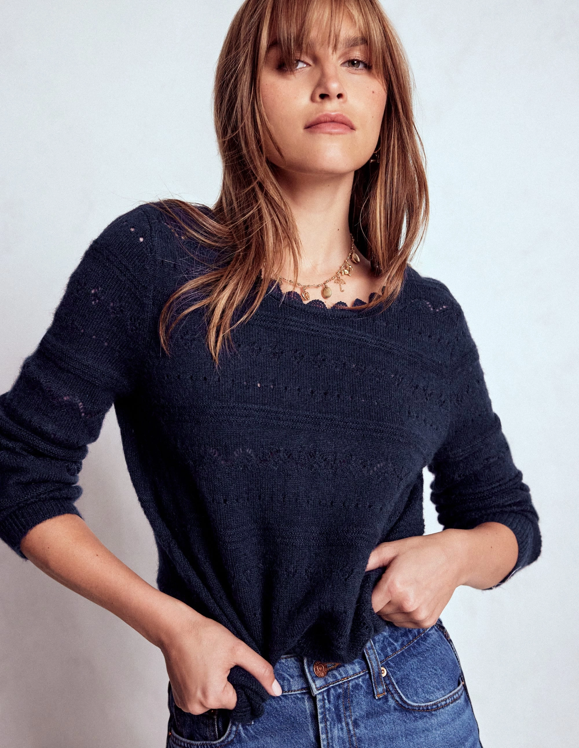 Sleek Surface Soft touch finish Leticia Lace Trim Jumper-Navy