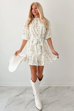 Romance Optional Floral Lace Mini Dress (Ivory/Multi) Street Mode Classic Waistband