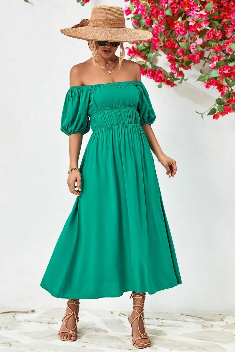 A STRAIGHT SHOULDER SHORT SLEEVE LONG DRESS_CWDMD1212 Spring Flow