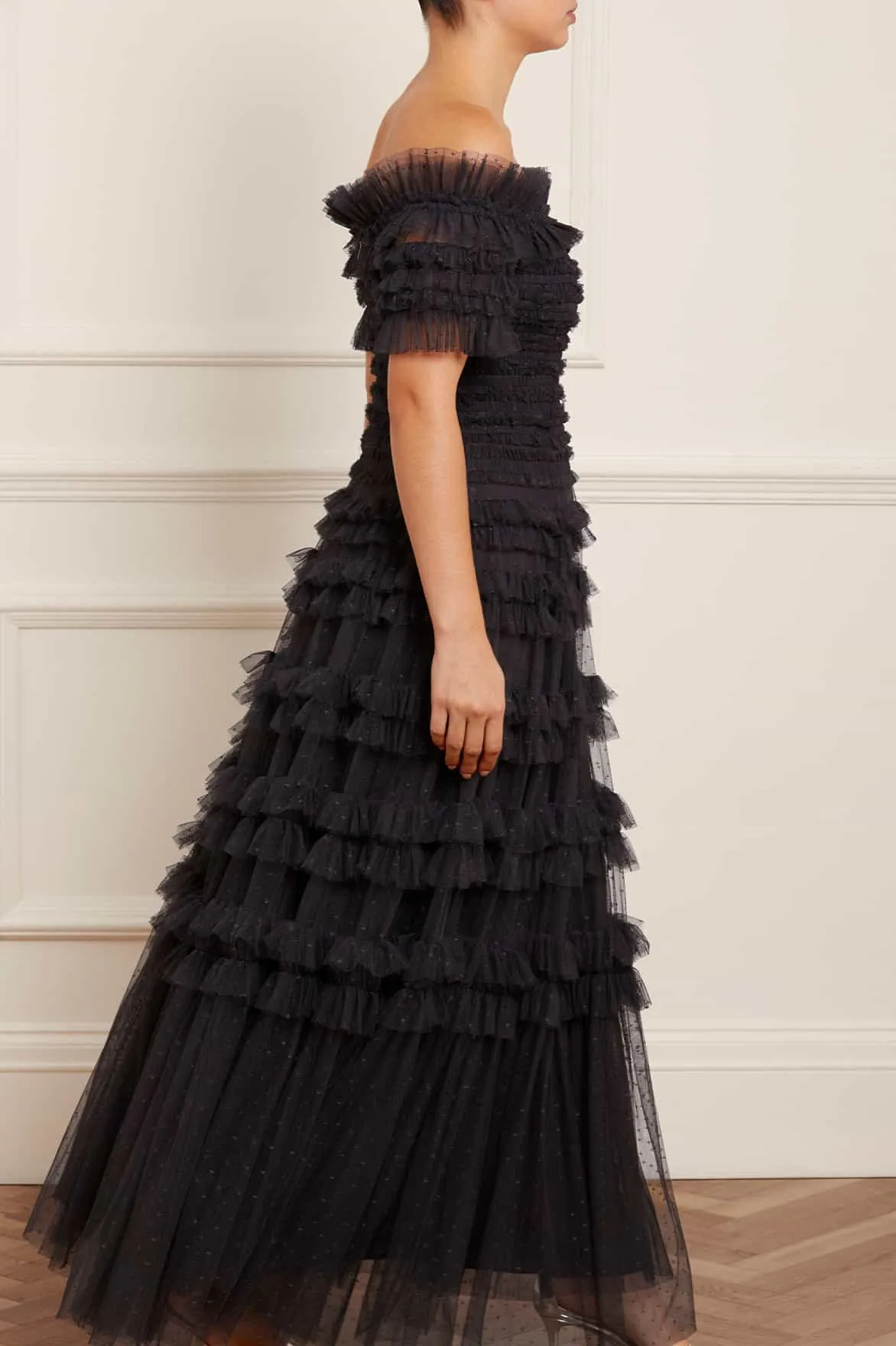 Lisette Ruffle Off Shoulder Gown Chill Detail Mermaid-Hem