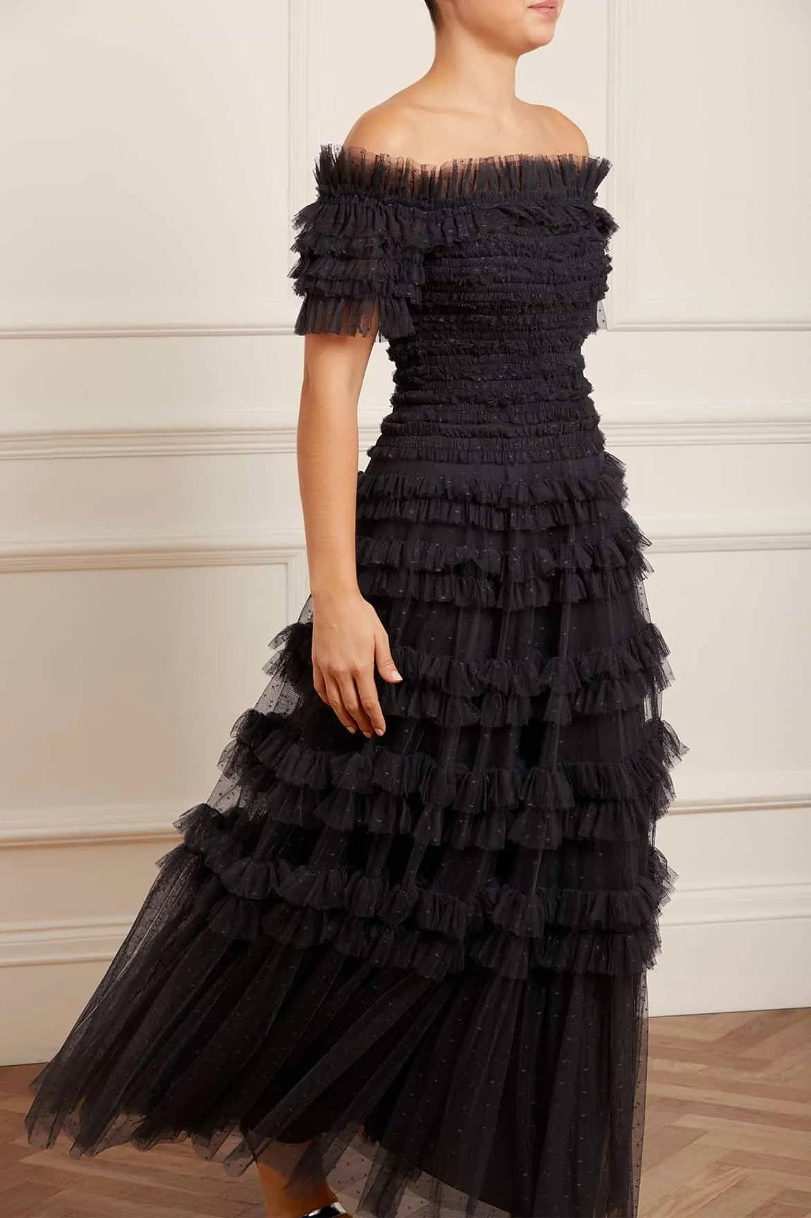 Lisette Ruffle Off Shoulder Gown Easy Layers Subtle Detail
