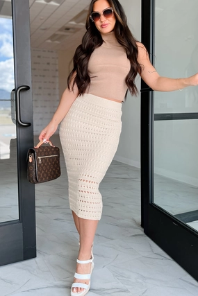 Light support Breathable mesh Breezy Finesse Crochet Midi Skirt (Cream)