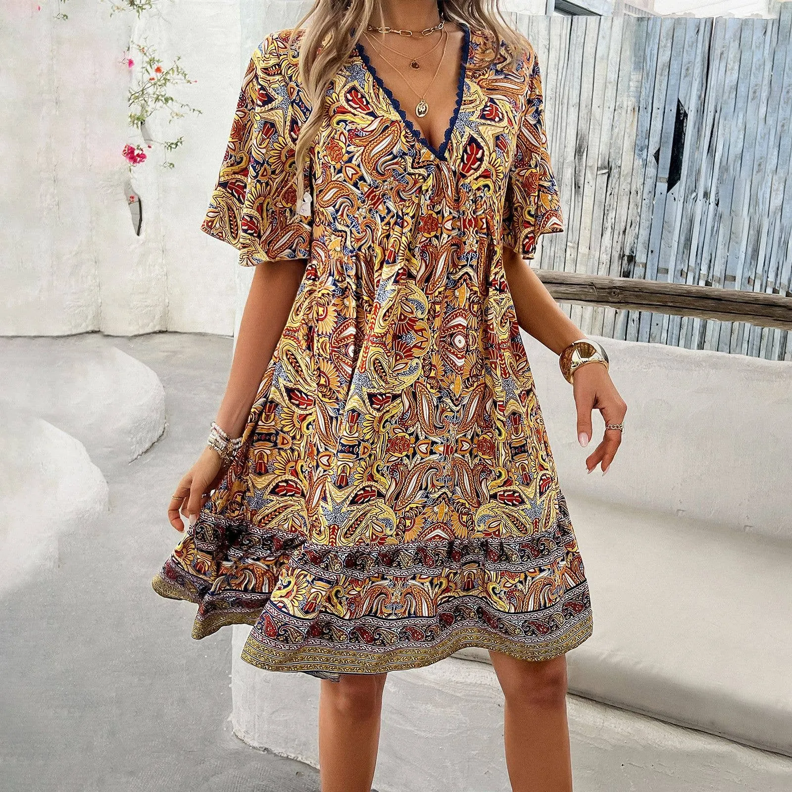 CASUAL HOLIDAY PRINT V-NECK DRESS_CWDSD3738 garden party