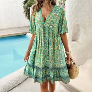 tailored look Relaxed and stylish CASUAL HOLIDAY PRINT V-NECK DRESS_CWDSD3738