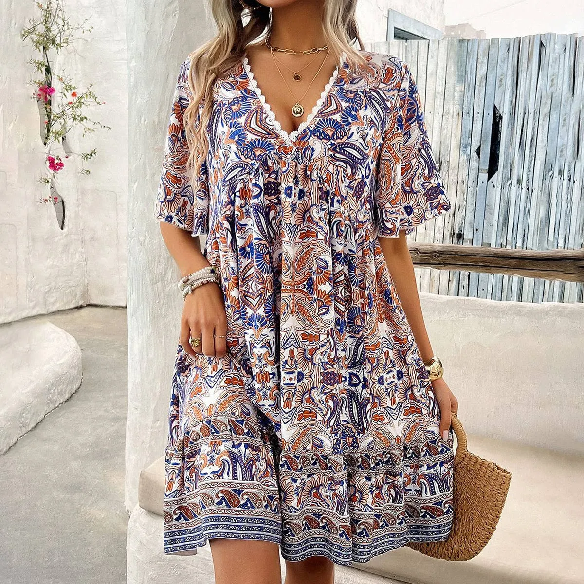CASUAL HOLIDAY PRINT V-NECK DRESS_CWDSD3738 Work Vibe