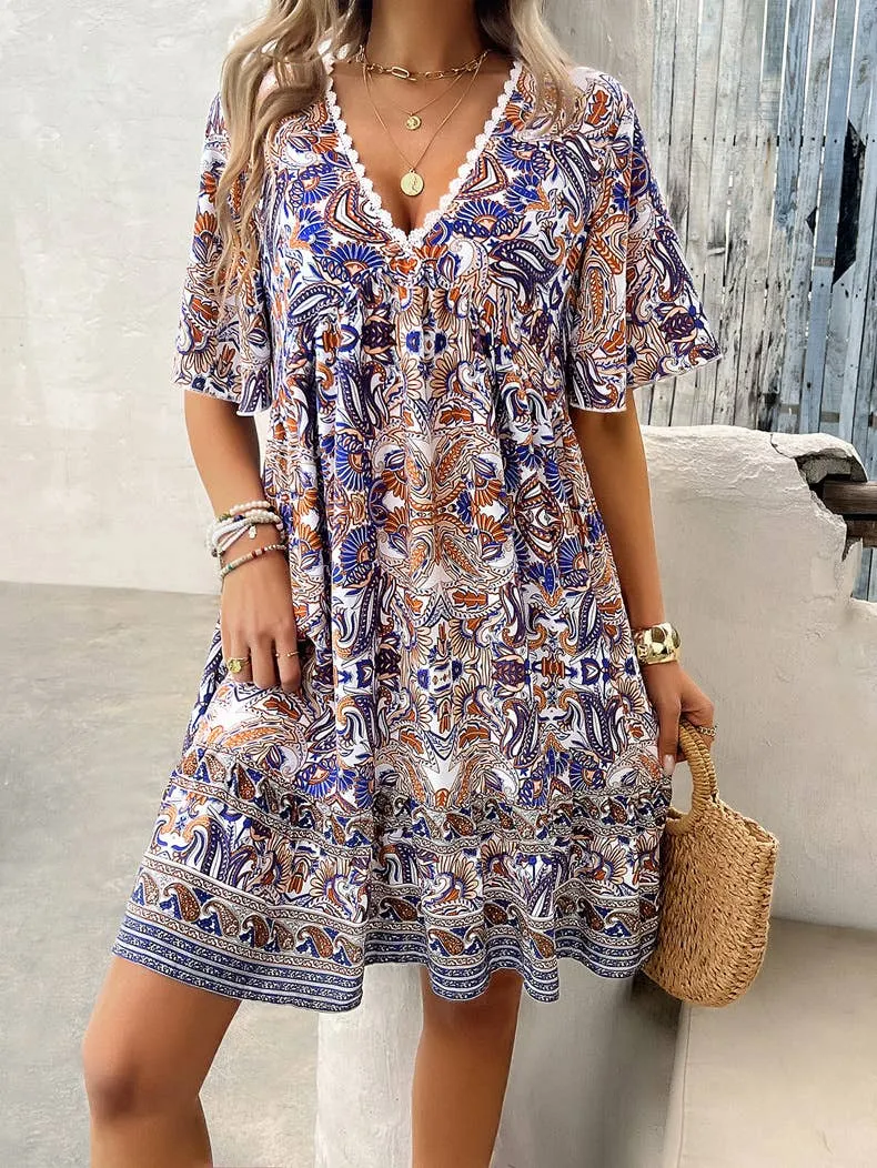 Street Style CASUAL HOLIDAY PRINT V-NECK DRESS_CWDSD3738
