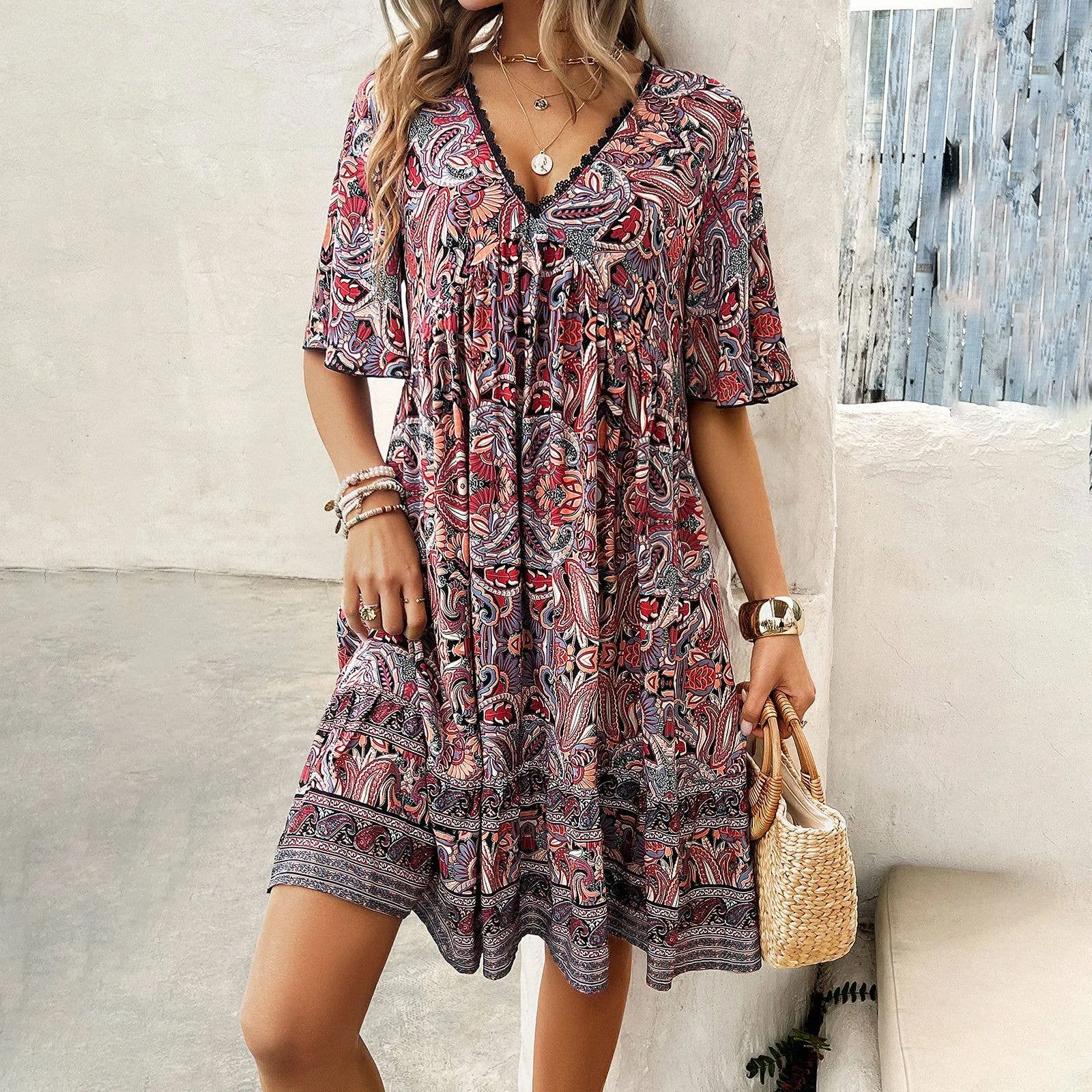 CASUAL HOLIDAY PRINT V-NECK DRESS_CWDSD3738 Smart Fashion Fitted Design