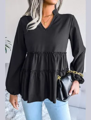 Reinforced Shoulder LANTERN LONG SLEEVE RUFFLED CHIFFON TUNIC TOP