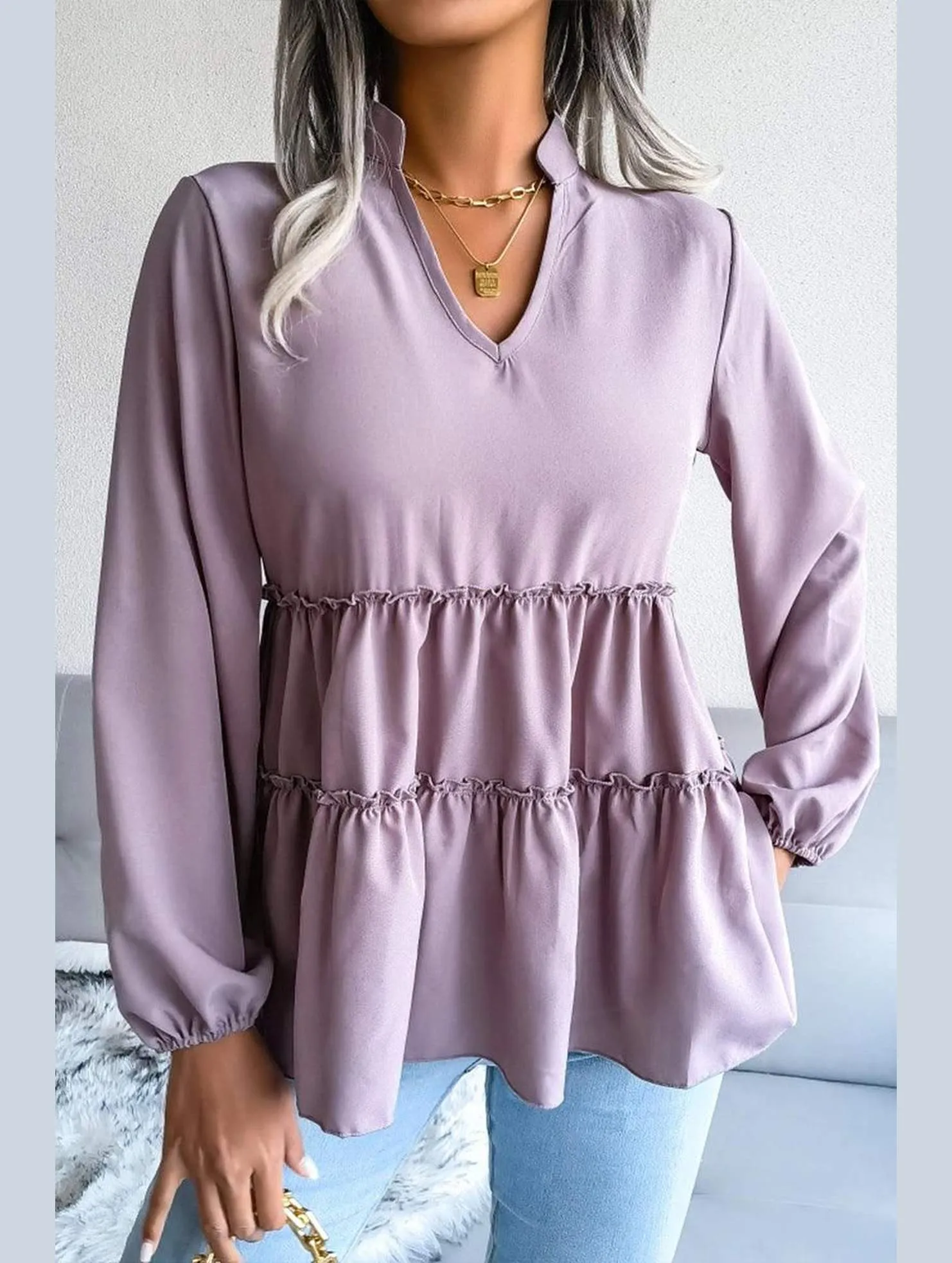 HoodedVersion Reinforced Shoulder Seams LANTERN LONG SLEEVE RUFFLED CHIFFON TUNIC TOP