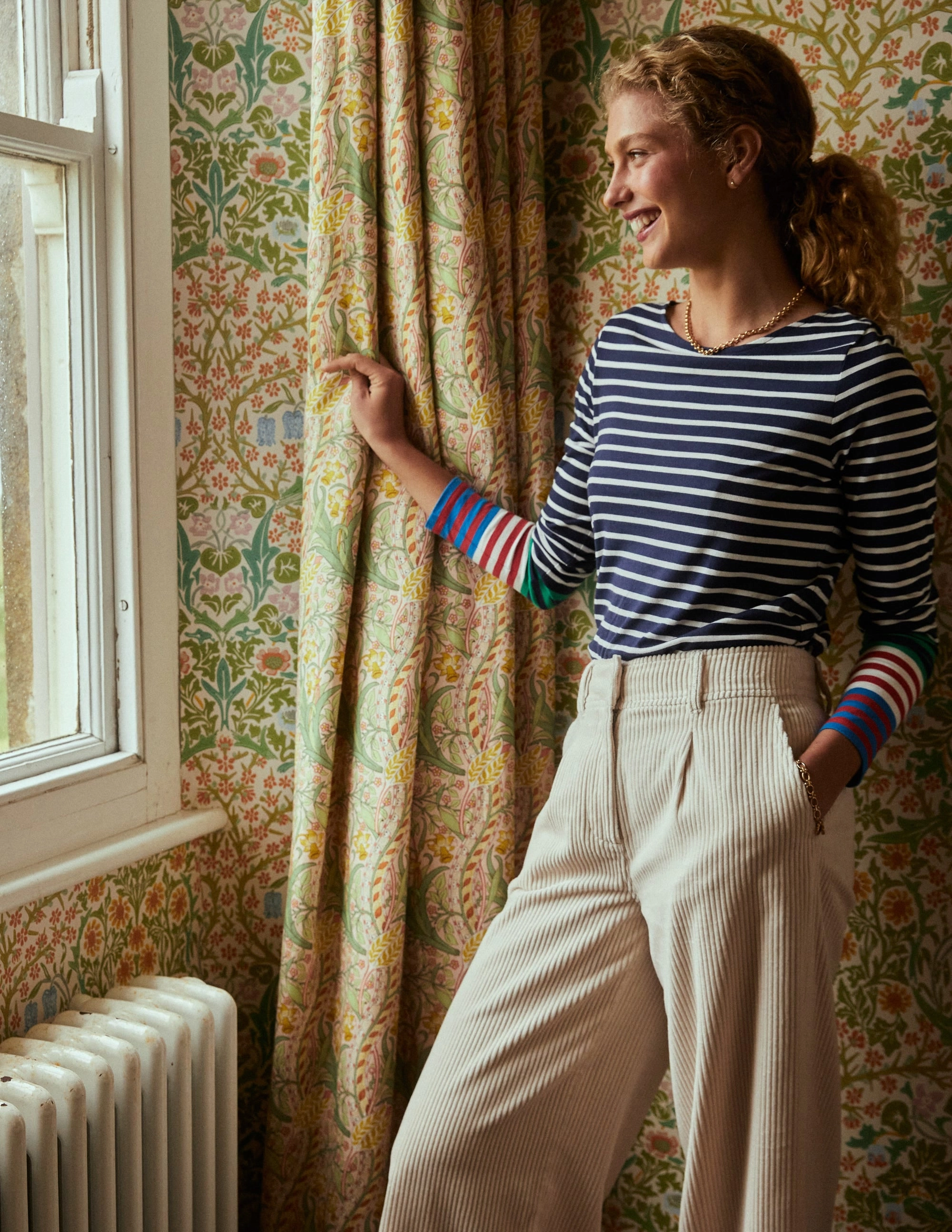 DoubleStitched Hem Soft Knit Ella Long Sleeve Breton-French Navy, Ivory Multi Cuff