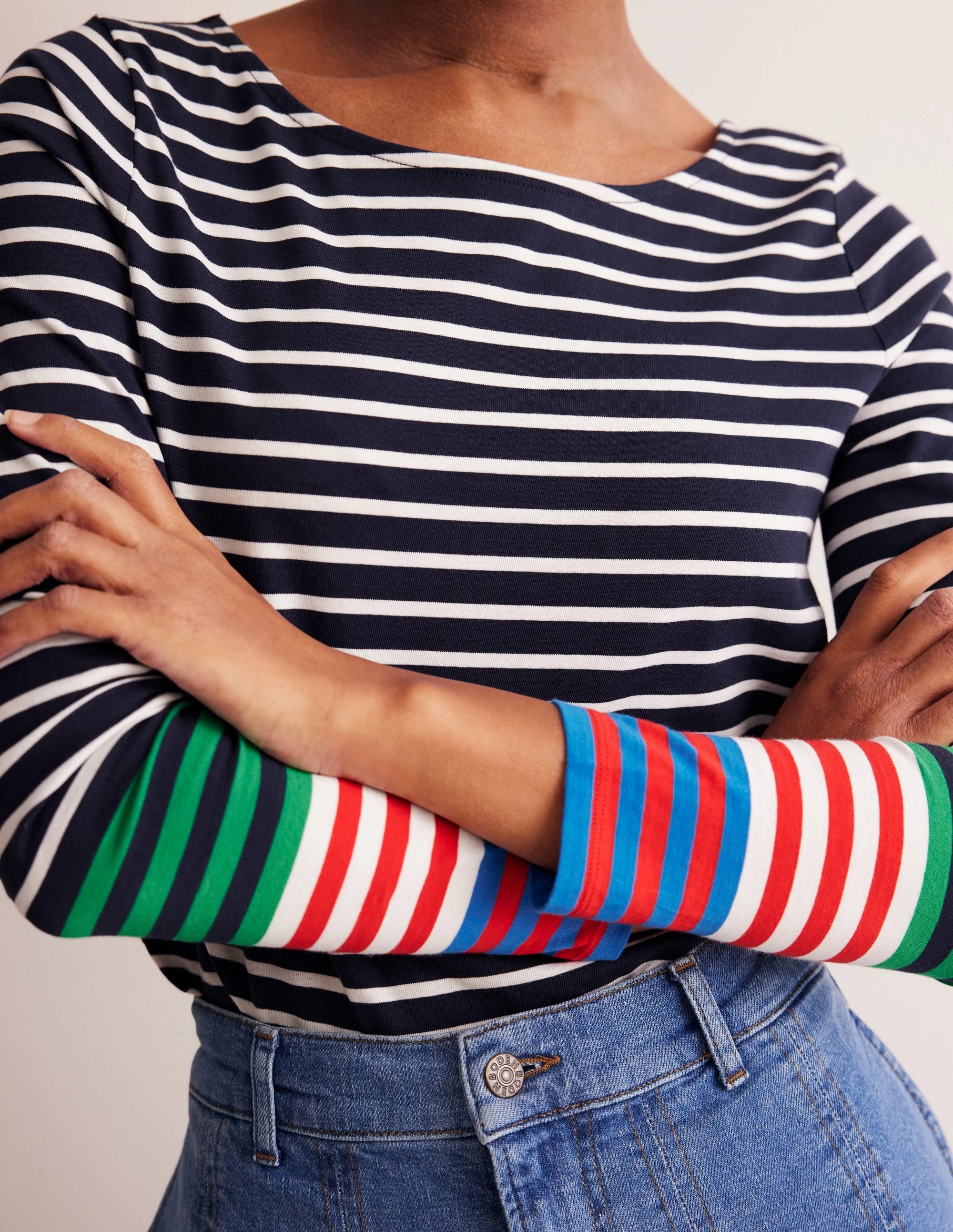 Ella Long Sleeve Breton-French Navy, Ivory Multi Cuff AntiMicrobialLining