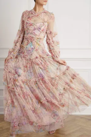 Texture Blend Vacation Outfit Floral Diamond Ruffle Gown