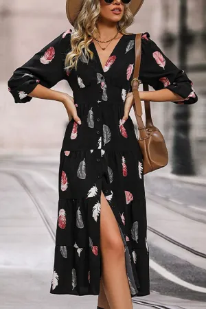 WOMEN FEATHER PRINTING LONG SLEEVE V NECK DRESS Boat-Neck Smart Layering