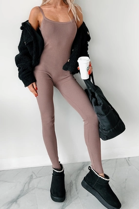 Pleated design Cool Tone Making Things Right Rib Knit Backless Jumpsuit (Latte)