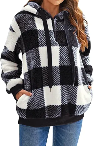 Fleece Hoodies for Women Plaid Long Sleeve Hoodie Casual Half Zip Sweatshirts Winter Sherpa Pullover