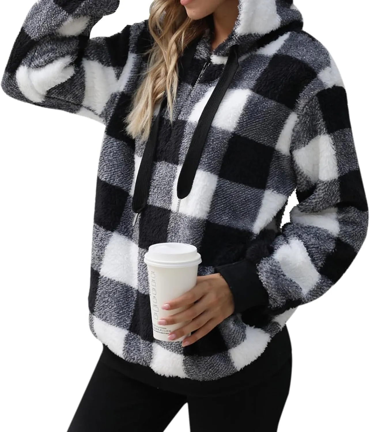 Fleece Hoodies for Women Plaid Long Sleeve Hoodie Casual Half Zip Sweatshirts Winter Sherpa Pullover