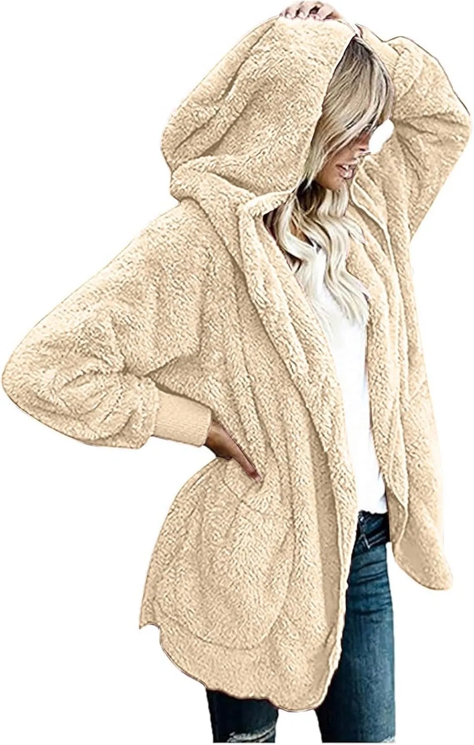 Fleece Jackets for Women Winter Coats with Hood Warm Oversized Fuzzy Jacket Long Cardigan Sweaters Soft Coat