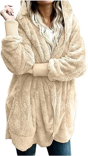 Fleece Jackets for Women Winter Coats with Hood Warm Oversized Fuzzy Jacket Long Cardigan Sweaters Soft Coat