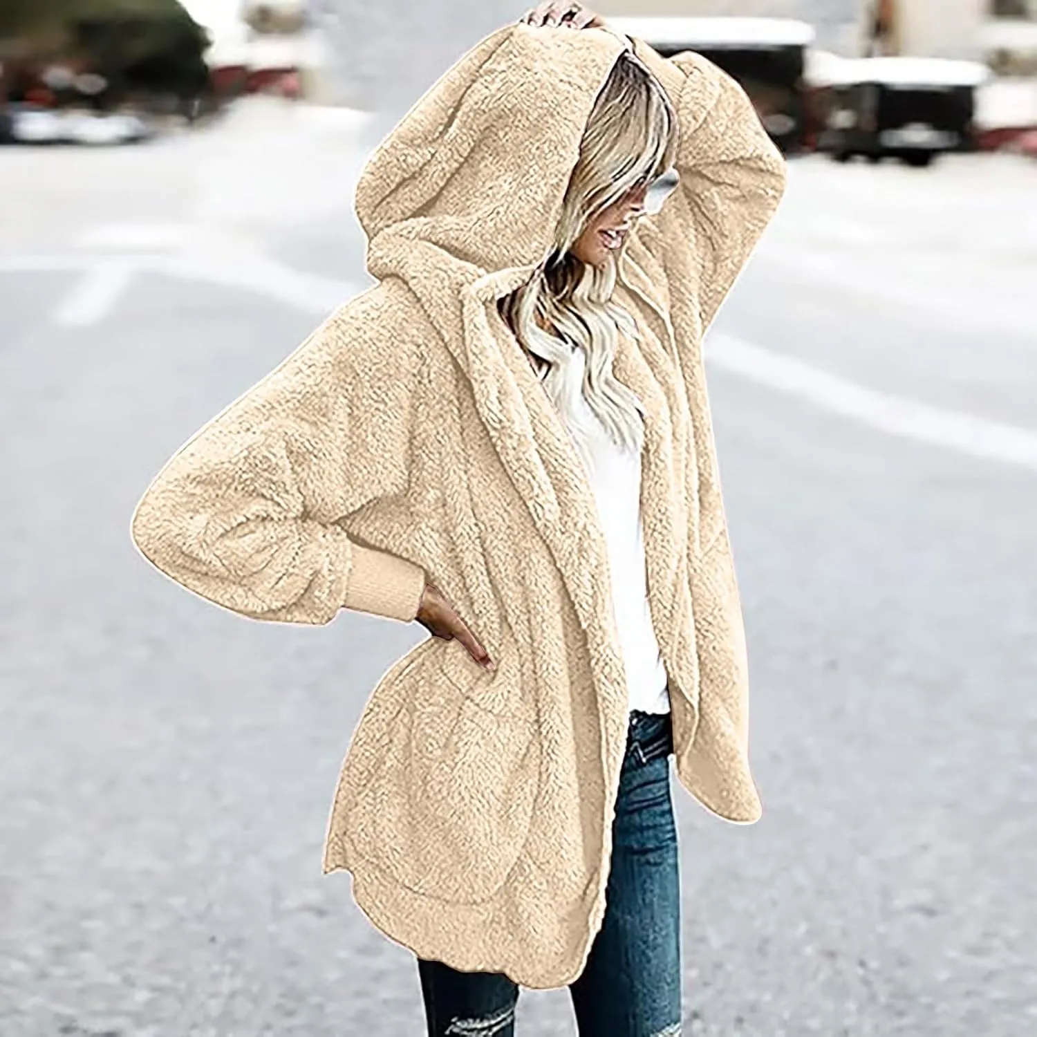 Fleece Jackets for Women Winter Coats with Hood Warm Oversized Fuzzy Jacket Long Cardigan Sweaters Soft Coat