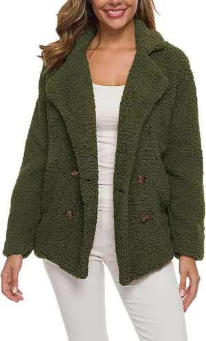 Fleece Womens Jacket Faux Cardigan Loose Turn Down Button Coat Fleece Jackets Long Sleeve Fleece Women Polar Fleece