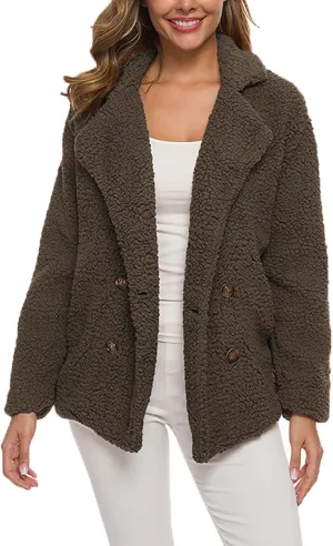Fleece Womens Jacket Faux Cardigan Loose Turn Down Button Coat Fleece Jackets Long Sleeve Fleece Women Polar Fleece