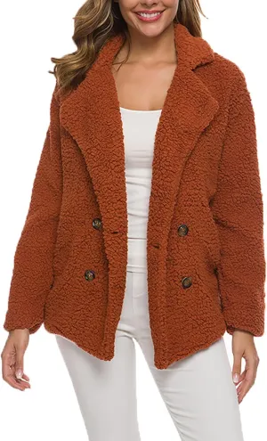 Fleece Womens Jacket Faux Cardigan Loose Turn Down Button Coat Fleece Jackets Long Sleeve Fleece Women Polar Fleece