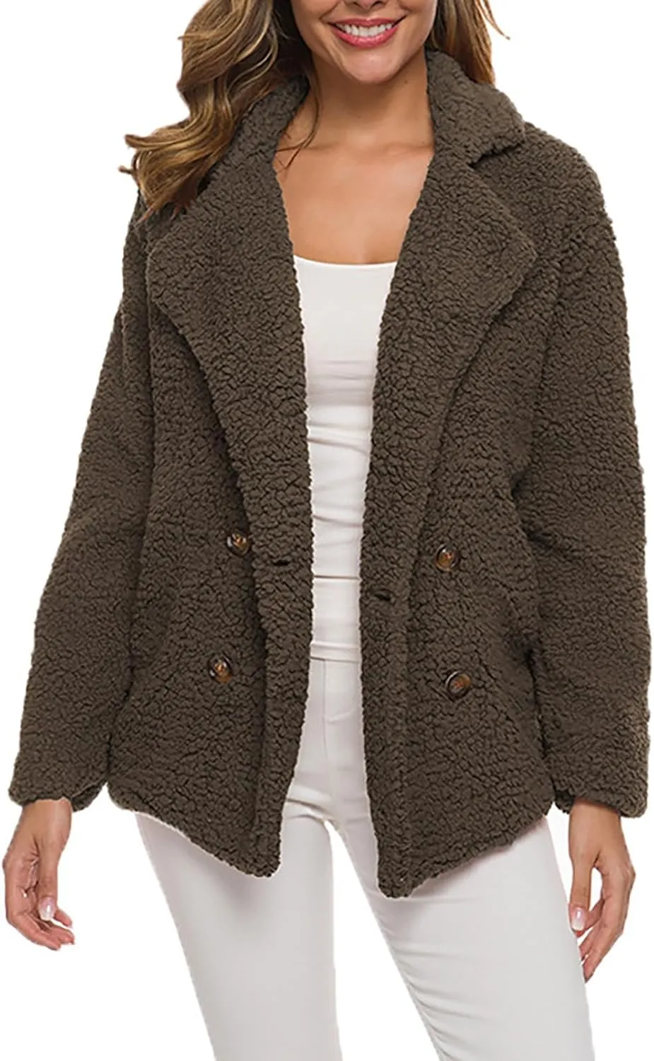 Fleece Womens Jacket Faux Cardigan Loose Turn Down Button Coat Fleece Jackets Long Sleeve Fleece Women Polar Fleece
