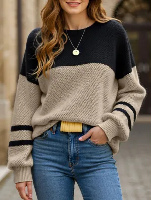 Casual colorblock knitted crewneck sweater Anti Pilling ReinforcedStitching