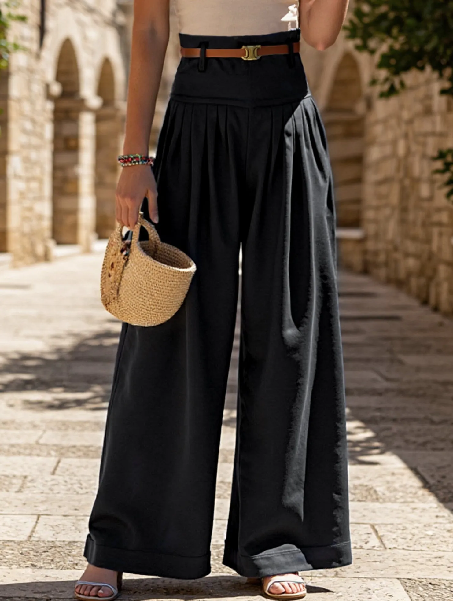 Neutral Look High-Waisted Wide-Leg Pants ??Solid Color, Casual & Chic, S???XL