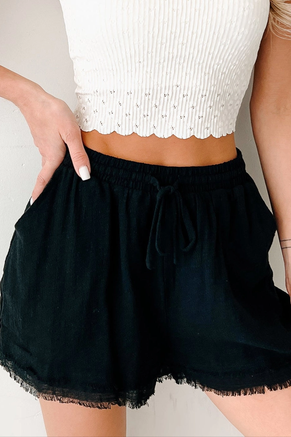Savor Stillness High Rise Linen Shorts (Black) Fashionable Waist Core Utility