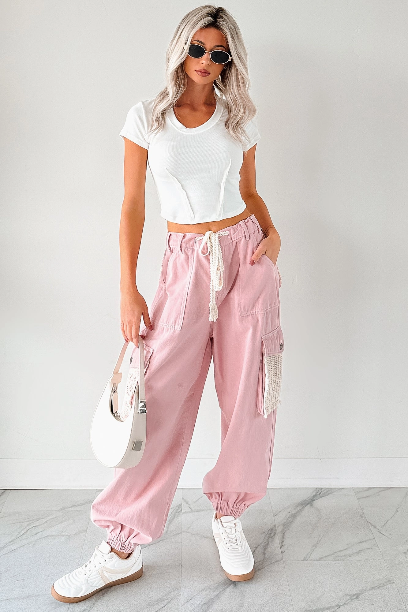 UV Protective Coating Layered Neckline Sweet Melody Crochet Denim POL Joggers (Powder Pink)