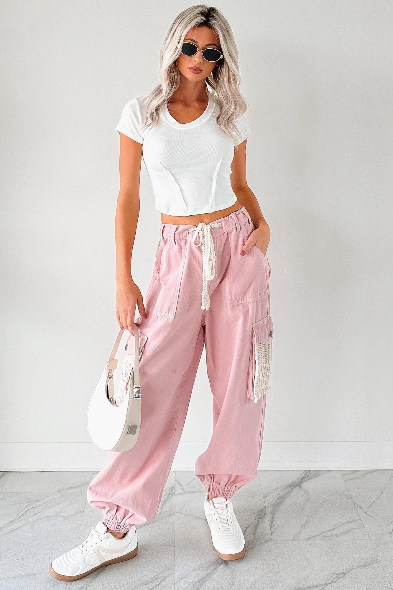 Sweet Melody Crochet Denim POL Joggers (Powder Pink) Self Fabric Tie