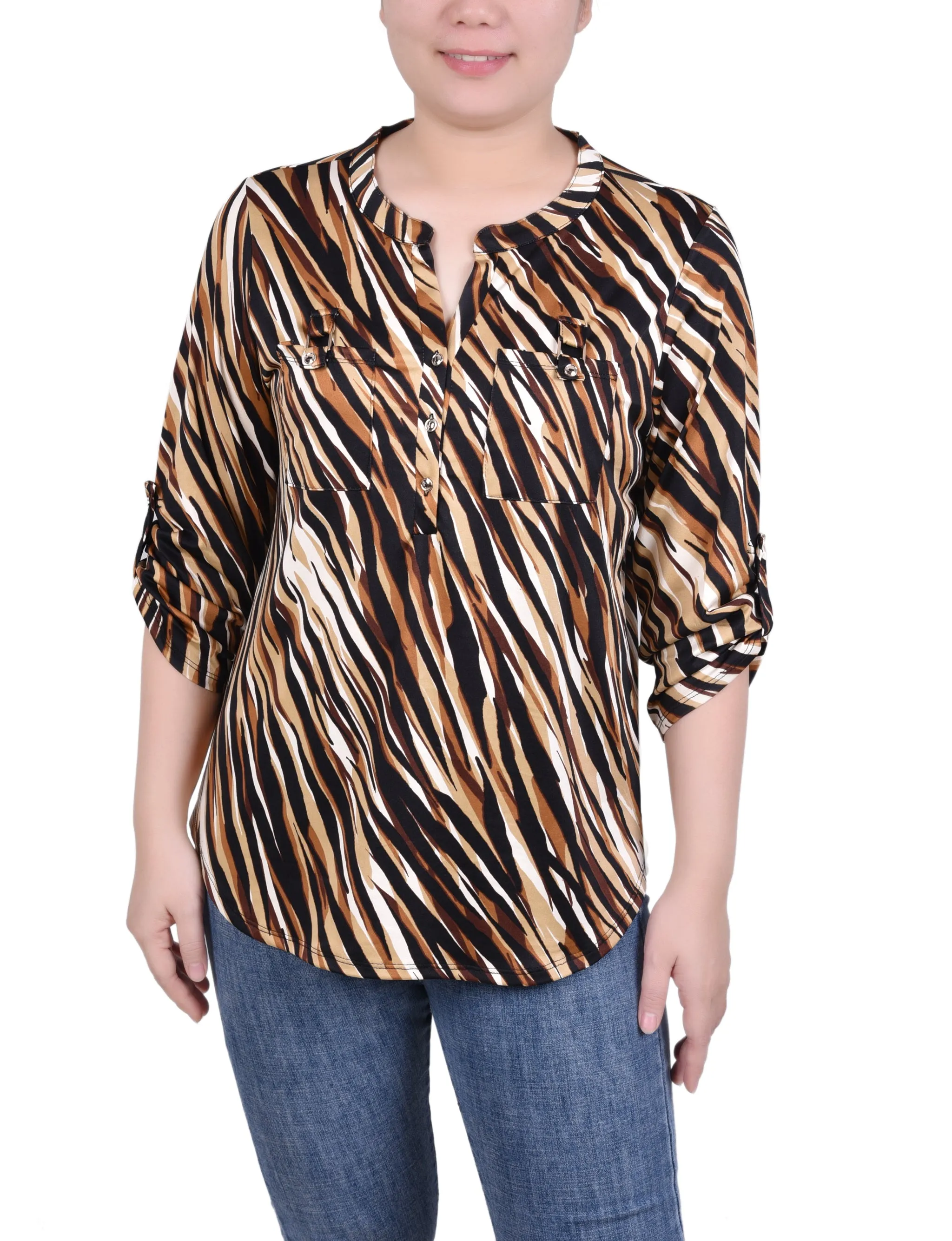Long Tab-Sleeve Top With Pockets Layered Look Daily Wear
