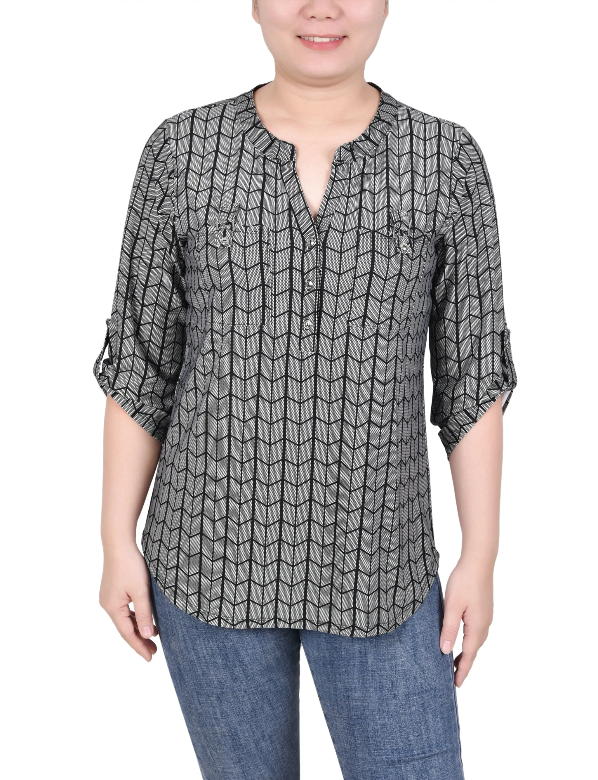 Long Tab-Sleeve Top With Pockets WrinkleResistantTextile
