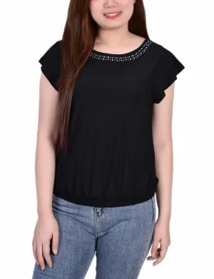 Short Flutter Sleeve Top With Studded Neckline Lightweight Weave Material Non Closure Collar