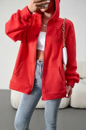WOMEN OVERSIZED LOOSE FIT ZIP UP HOODIE JACKET Hidden Zipper Convertible Collar