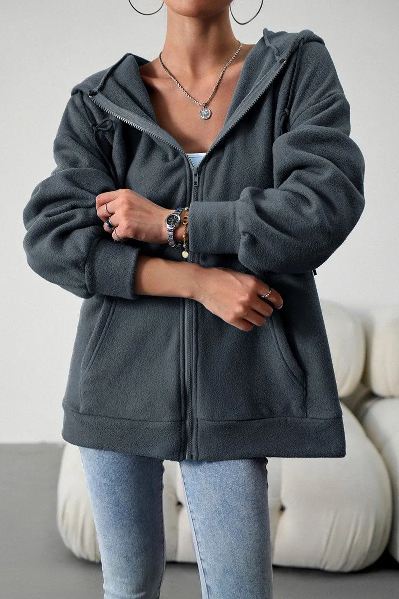 WOMEN OVERSIZED LOOSE FIT ZIP UP HOODIE JACKET ReflectiveTrimDetails