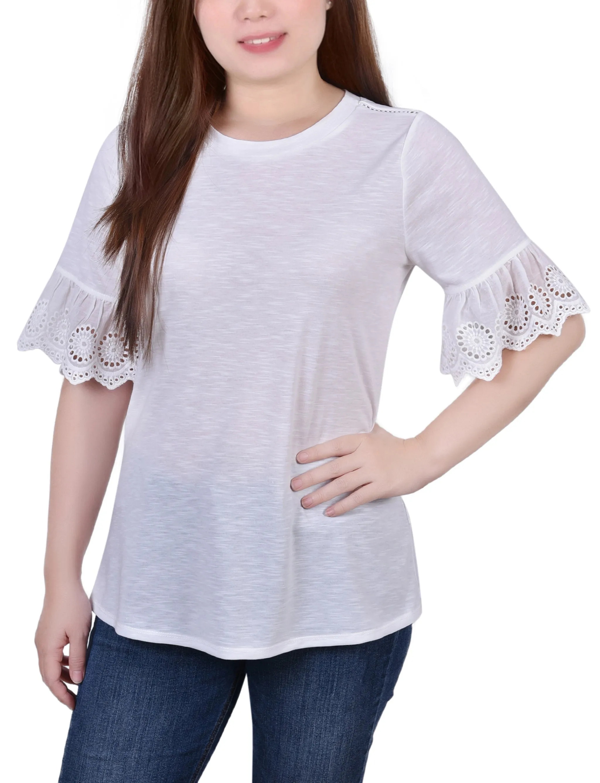 Airflow Mesh Insert StretchComfort Petite Short Bell Sleeve Slubbed Top