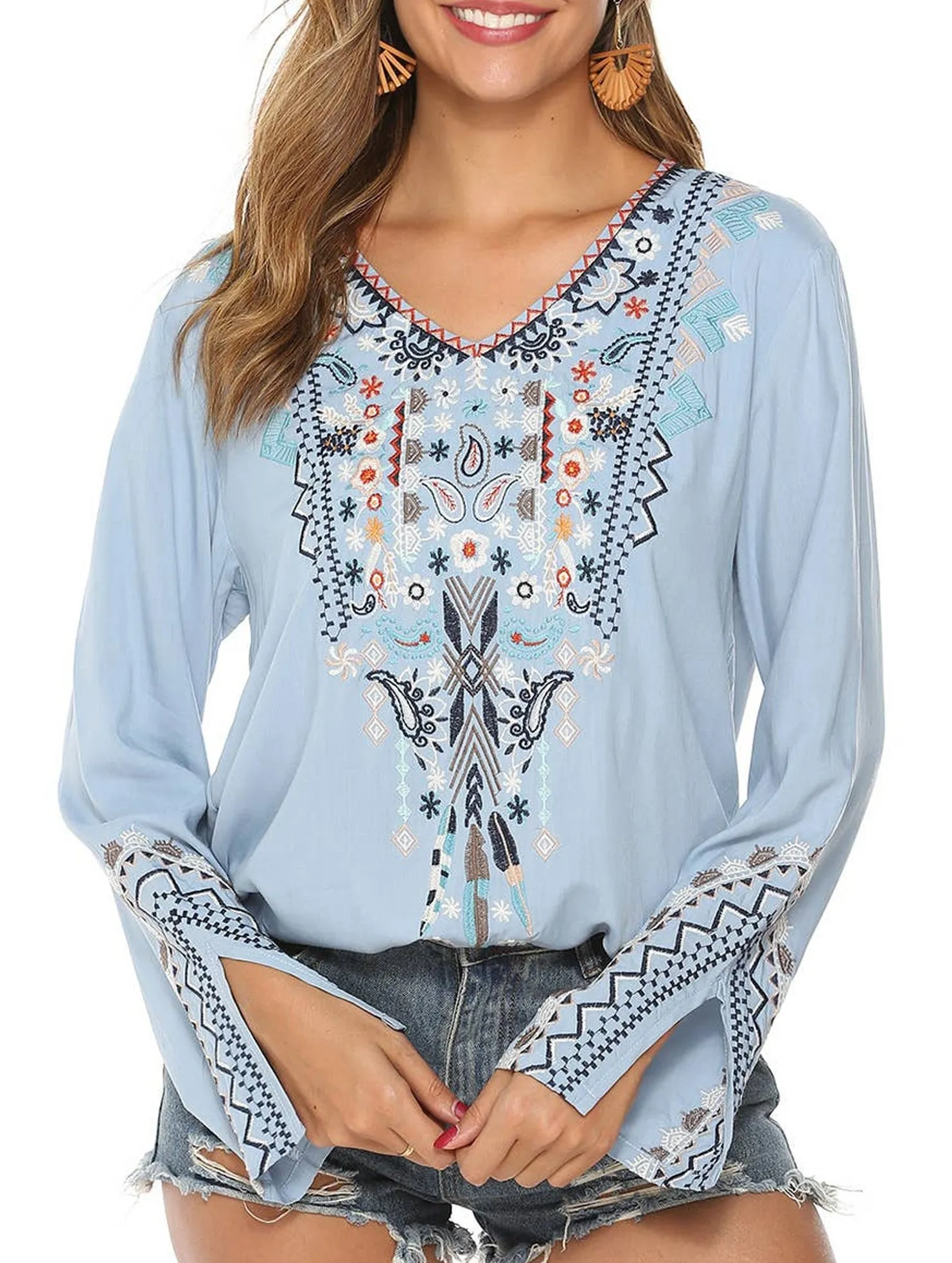 Fitted Shirt RibbedHemline COTTON PLUS-SIZE STYLE EMBROIDERED BLOUSE_CWTBLL0822