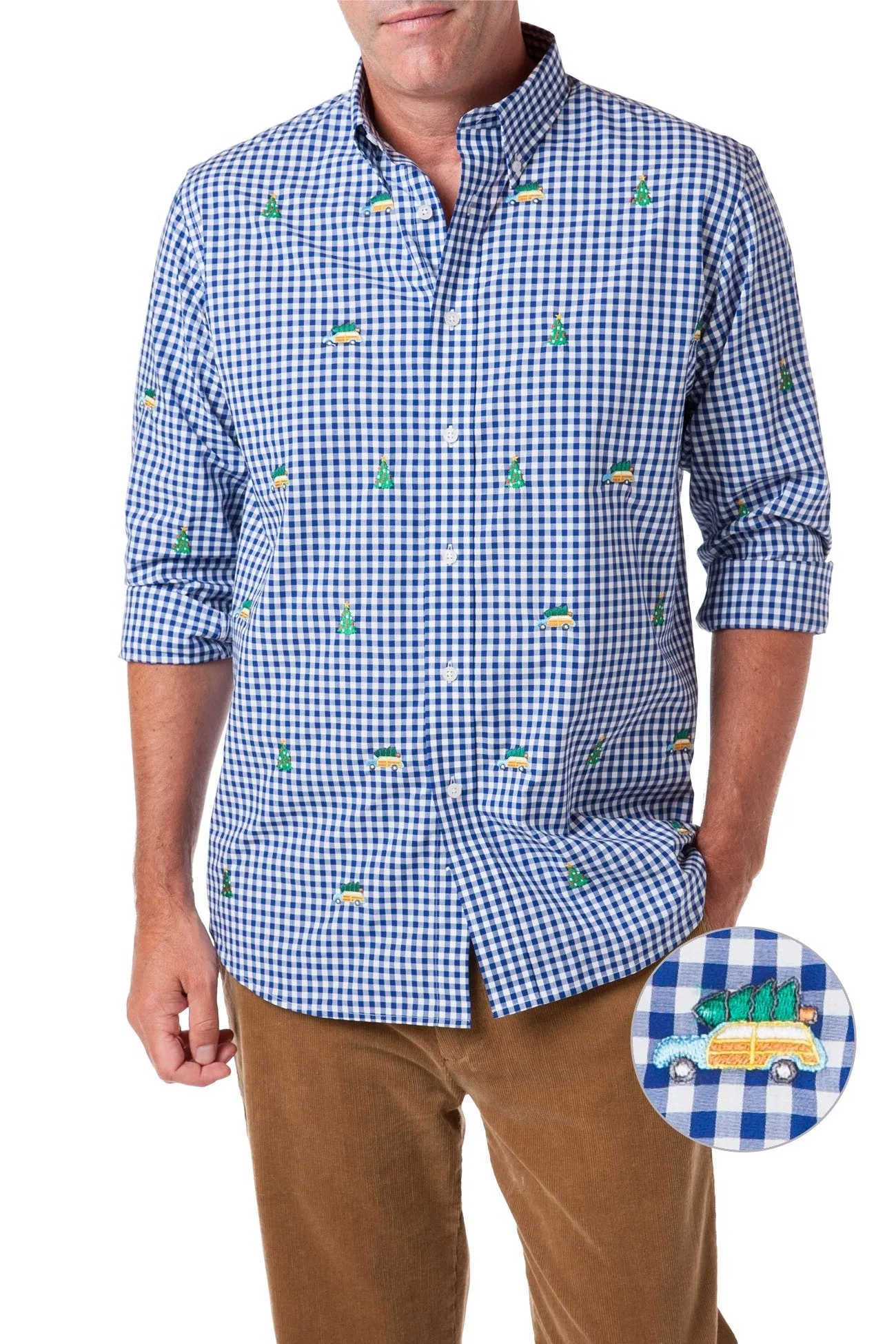 Wind Resistant Fabric Wrinkle Resistant Finish Straight Wharf Shirt Wide Gingham Royal with Woody and Christmas Tree
