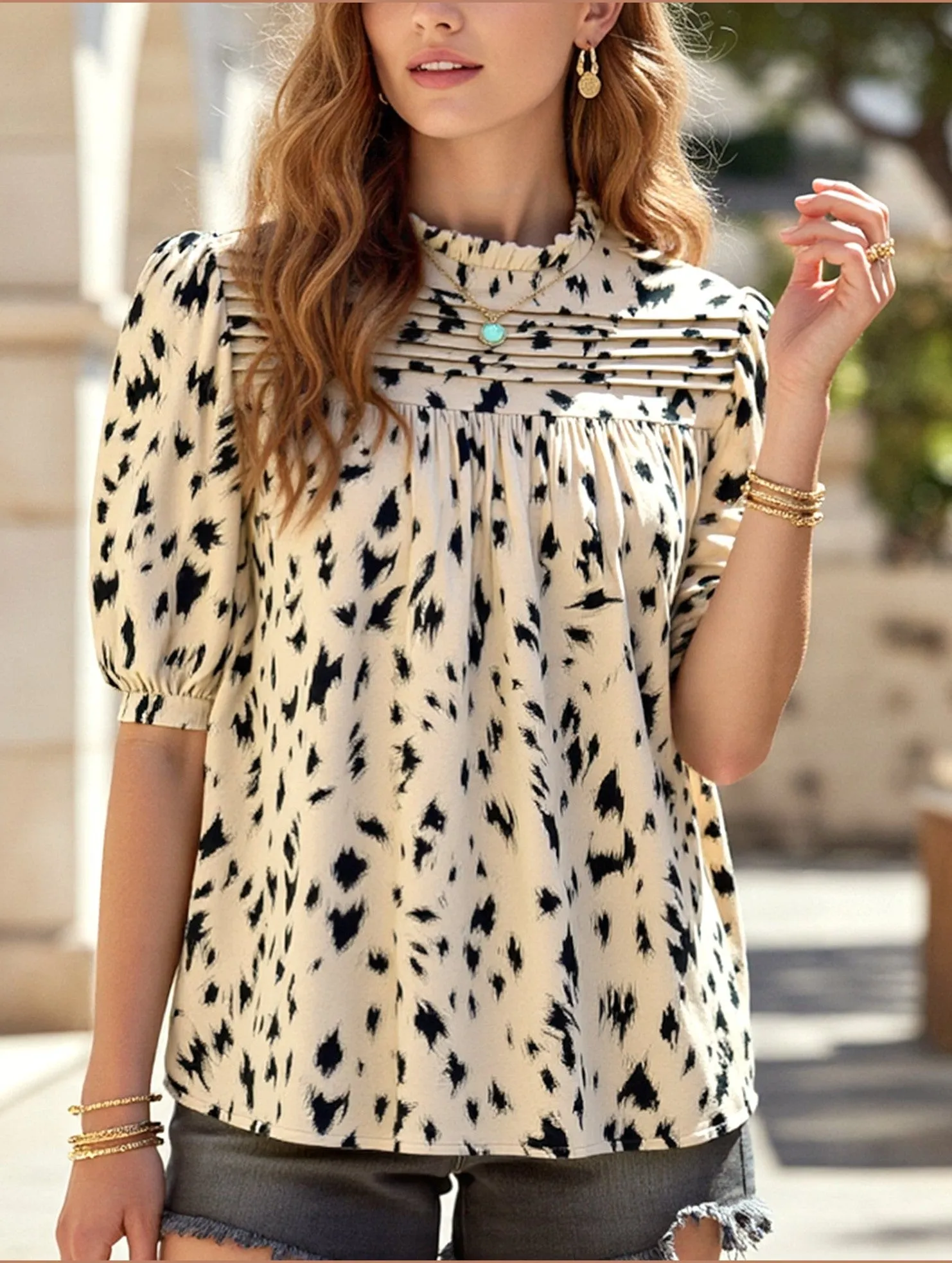 Ribbed Neckline Temperament Casual Printed Short Sleeve Top ??Lightweight Vivid Blouse for Women