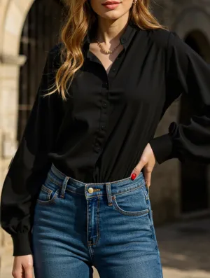 WrinkleResistantWeave FadeResistant Treatment Women's solid color loose stand collar shirt