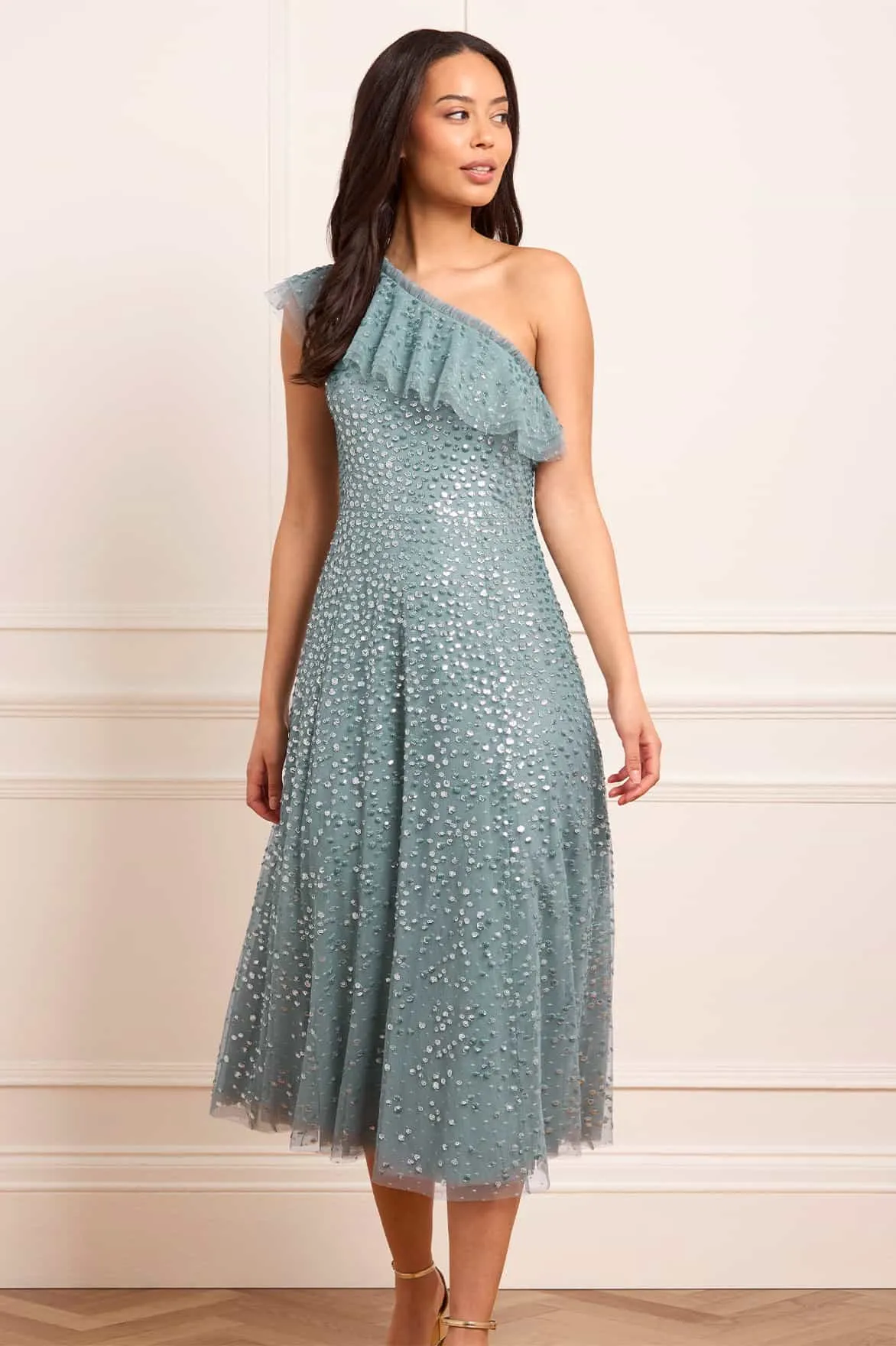 Slim-fit Dappled Sequin One-Shoulder Ballerina Dress